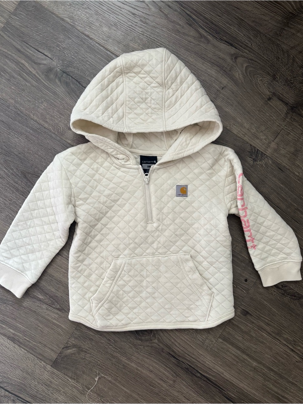 Carhartt Kids Cream Quilted Half-Zip Hoodie with Pink Sleeve Logo
